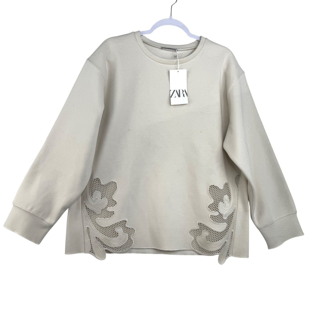 Zara Womens Lace Cut Out Hem Sweatshirt‎ Cream Crew Neck Large 2712/151/712 NWT